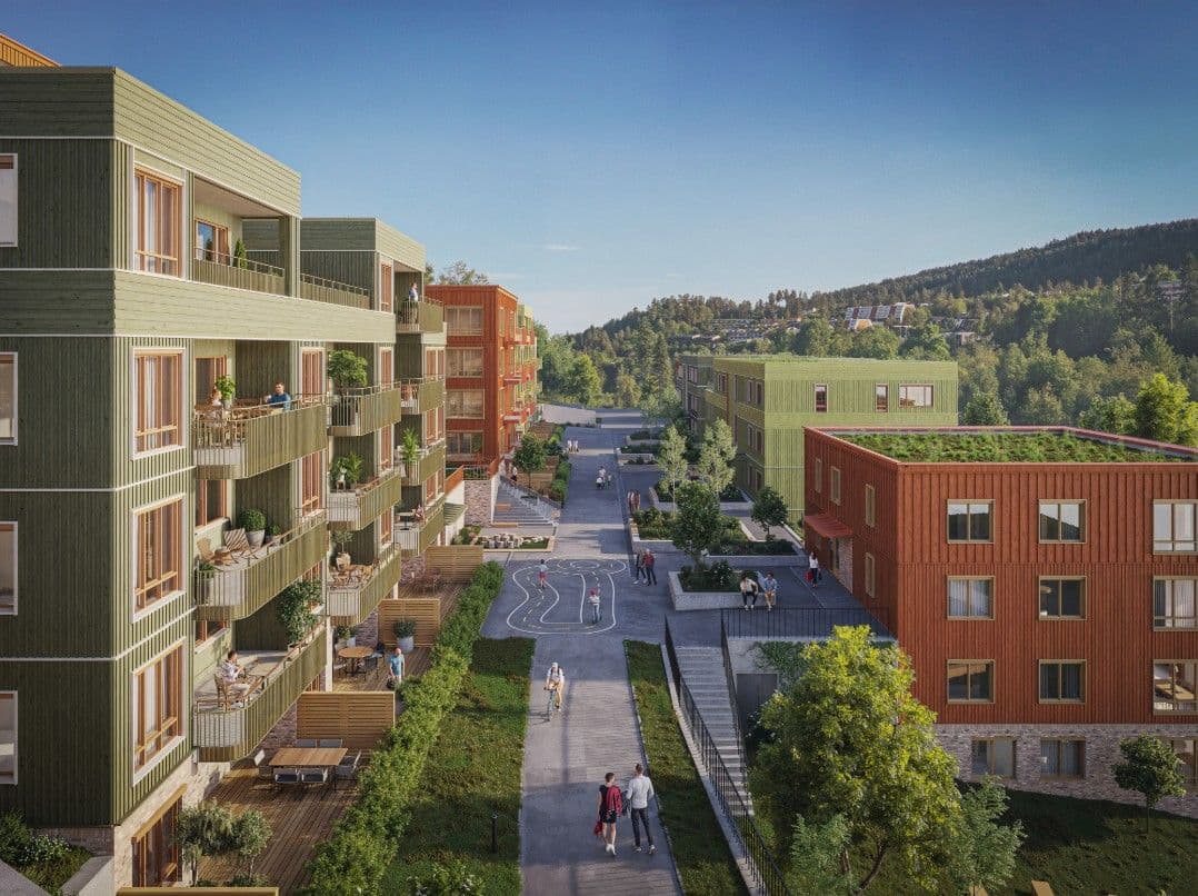 «Det er lagt vekt på høy bokvalitet, sosialt fellesskap og grønne arealer – et godt nabolag med plass til både mennesker og natur.» – Gasa Arkitekter